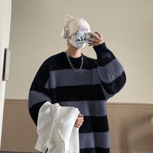 1506/QM010/P55秋冬季条纹男女新款套头厚情侣毛衣针织衫百搭2图片