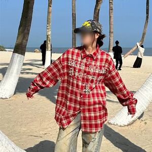 1506/QYC860/P52美式复古珍珠长袖格子衬衫男女oversize休闲衬衣1图片