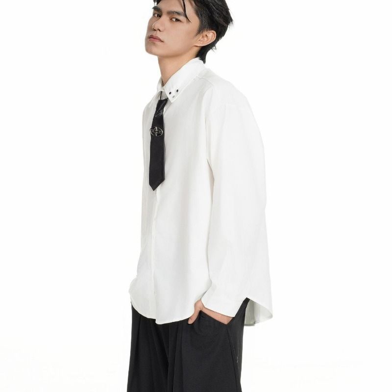 1506/QA67070/P42潮牌白色衬衫男秋宽松领带痞帅小众大领口衬衣,男装衬衫,星座1506