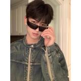 1506/QJK86370/P78高街浮雕异形机甲牛仔外套男女水洗做旧夹克潮，男装工装外套，星座1506