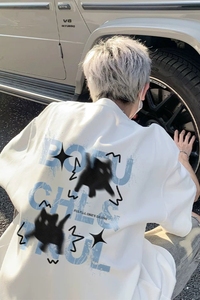 1506/QT4800/P34闪电猫印花重磅短袖t恤男夏季宽松大码男生上衣1图片