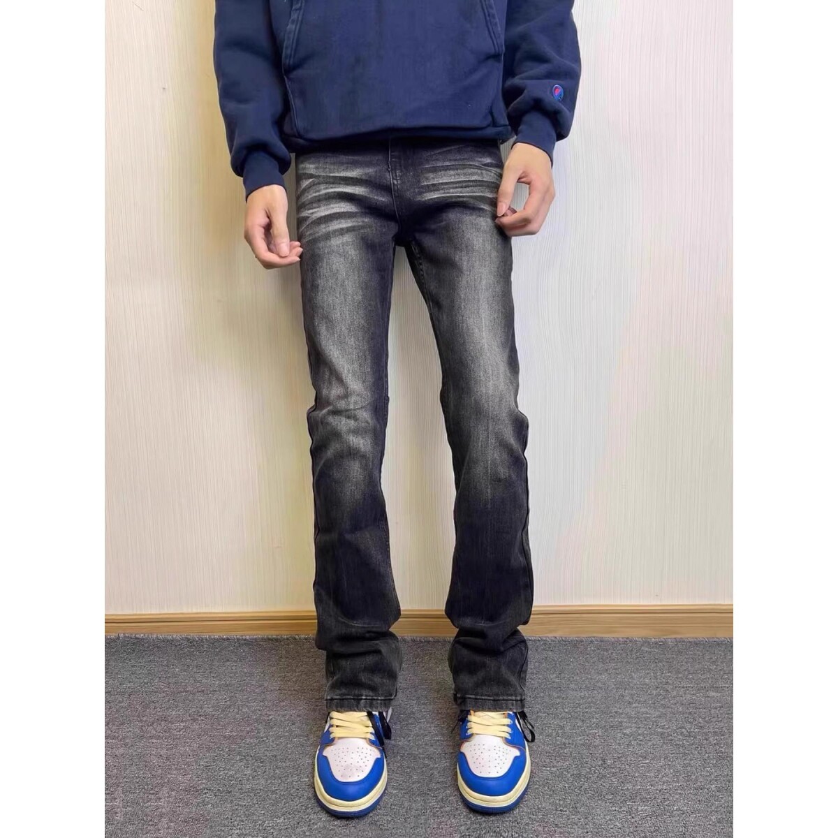 1506/QG9230/P41复古水洗磨白黑色牛仔裤男微喇修身显瘦直筒长裤1，男装牛仔裤，星座1506