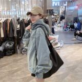 1506/QJK070/P62水洗做旧连帽中长款牛仔夹克外套男女百搭连帽，男装工装外套，星座1506