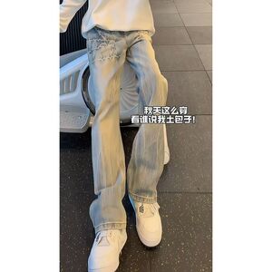 1506/QK650/P49浅蓝色闪电纹牛仔裤男秋季高街vibe裤子直筒微喇裤图片