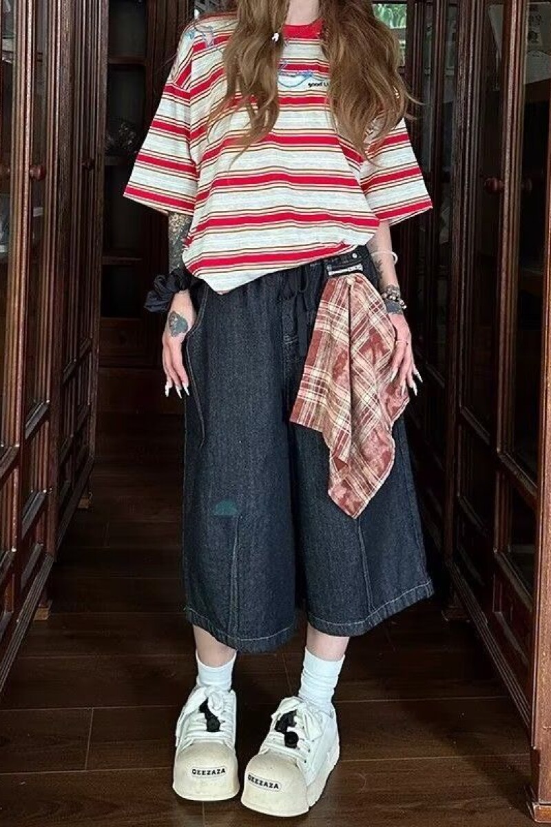 1506/Q284/P40美式丝巾拼接牛仔七分裤男夏嘻哈宽松阔腿裤短裤子,男装牛仔裤,星座1506