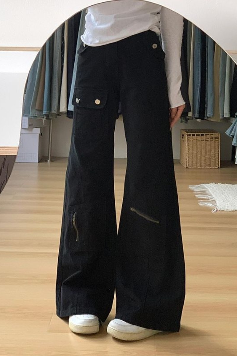 1506/Q60390/P46多口袋黑色工装微喇裤女显瘦美式马蹄长裤1,男装工装外套,星座1506