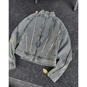 1506/QJK080/P69复古解构毛边水洗牛仔外套男士秋短款机车夹克图片