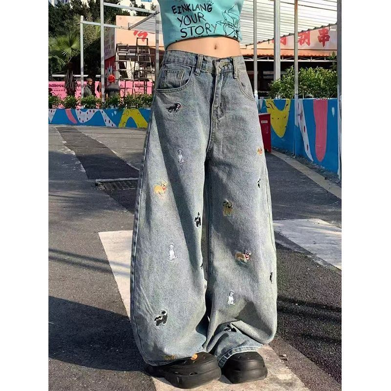 1506/Q80520/P46童趣刺绣男女牛仔裤夏街头时尚直筒裤宽松休闲裤,男装牛仔裤,星座1506