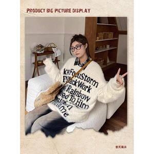 1506/Q18300/P49新款设计感字母宽松中长款长袖针织上衣潮牌2图片