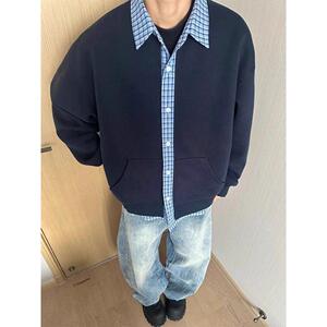 1506/Q82840/P50假两件格子翻领休闲卫衣男女同款POLO领卫衣潮1图片