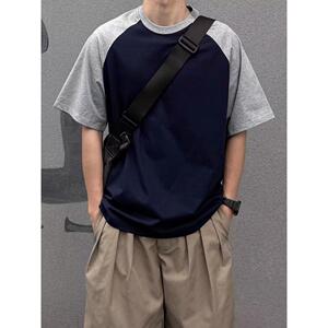 1506/QB110/P40美式插肩袖撞色T恤短袖男夏宽松重磅圆领体恤衫图片
