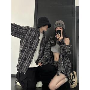 1506/QJ060/P45复古扎染格子休闲长袖衬衫毛边男女秋季外套情侣装图片