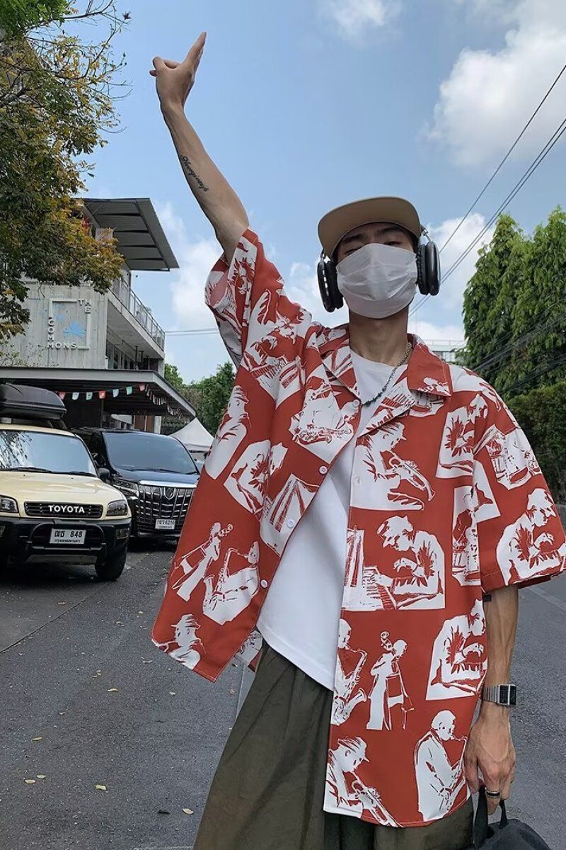 1506/Q22350/P32短袖花衬衫男士夏季薄款满印翻领印花2025年潮,男装T恤,星座1506