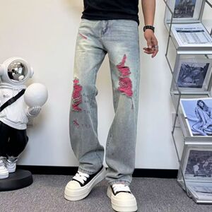 1506/Q1390/P49破洞牛仔裤男款做旧潮流宽松直筒休闲百搭长裤子图片