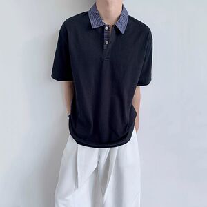 1506/QT3330/P42潮男假两件Polo领格子短袖T恤老钱风翻领短T恤图片