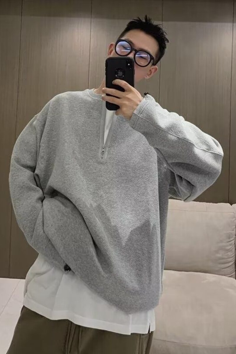 1506/Q88040/P46日系长袖卫衣男女宽松复古华夫格情侣T恤半拉链,男装T恤,星座1506