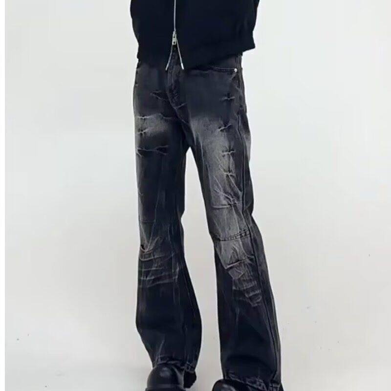 1506/QK370/P56夏季水洗做旧牛仔裤女高腰微喇裤宽松拖地长裤潮,女装牛仔裤,星座1506
