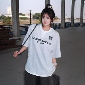1506/QX440/P39学院风撞色假两件V领短袖T恤男女宽松高街半袖潮图片