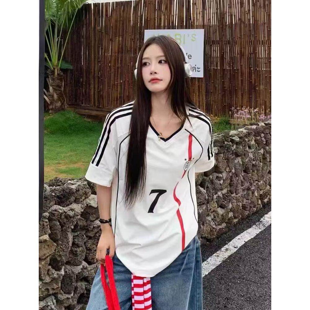 1506/QT810/P42美式运动V领正肩球衣t恤女夏季慵懒风宽松情侣短袖,男装T恤,星座1506