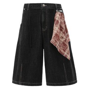1506/Q284/P40美式撞色方巾黑色丹宁原牛仔短裤男女宽松七分裤潮图片