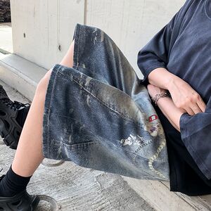 1506/QB1610/P54满印挂饰阔腿七分牛仔裤男夏中裤宽松五分短裤,藏青色运动裤女生搭配图片