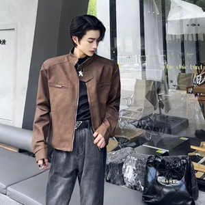 1506/QWT930/P66美式短款垫肩机车服立领皮衣外套男装图片