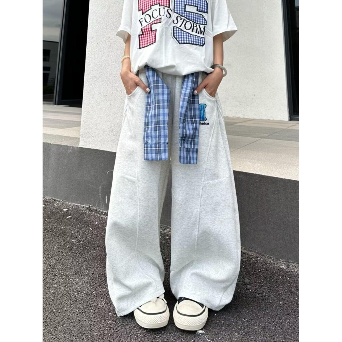 1506/QA80760/P55拼接格子裙摆结构设计卫裤男女美式复古裤2,男装休闲裤,星座1506