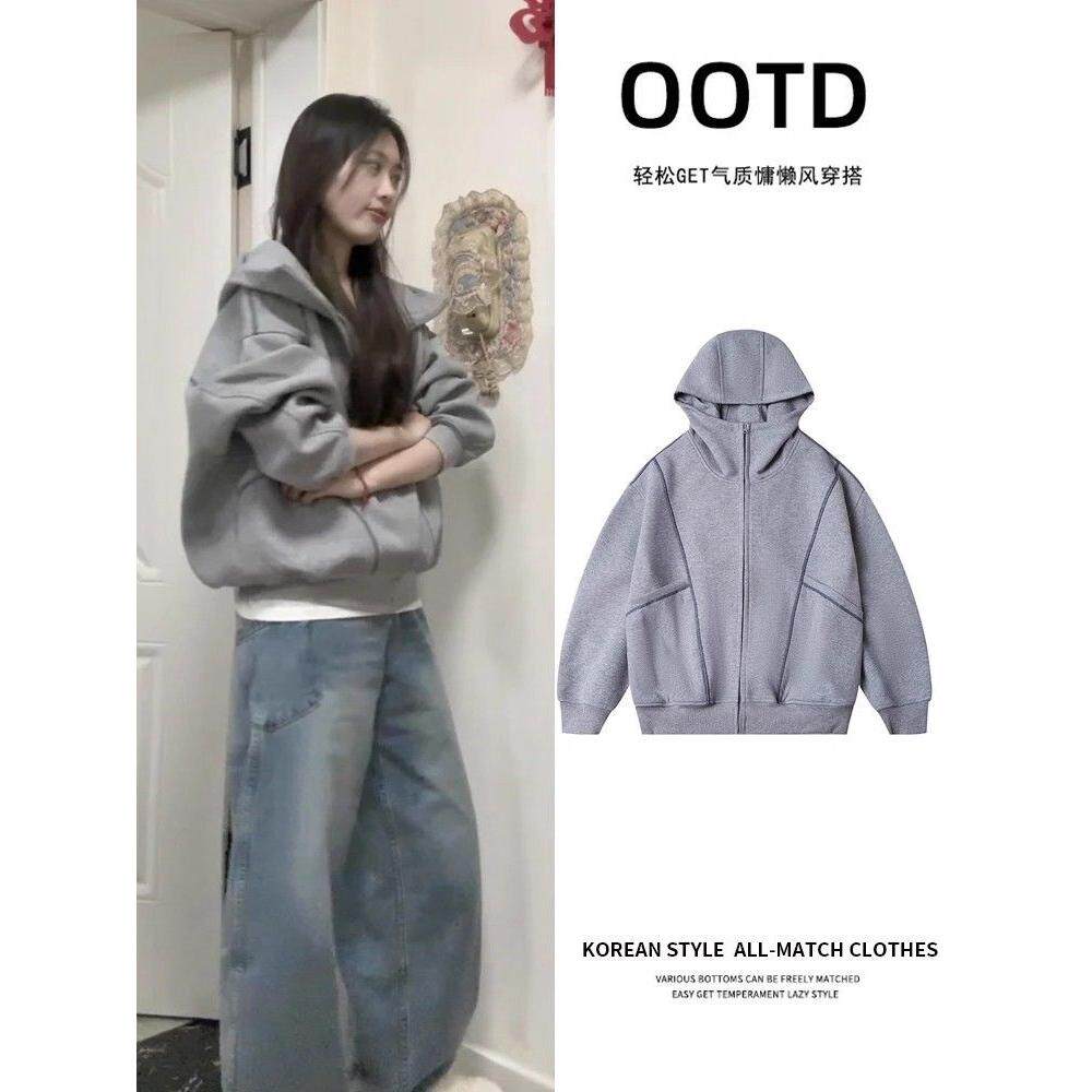 1506/Q82890/P52宽松慵懒连帽卫衣开衫女秋冬季灰色拉链外套2025图片