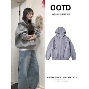 1506/Q82890/P52宽松慵懒连帽卫衣开衫女秋冬季灰色拉链外套2025图片