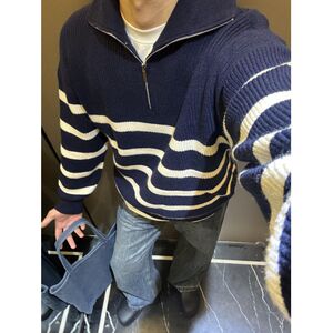 1506/Q5070/P50冬季高级感横条纹简约立领毛衣潮流宽松情侣款情侣图片