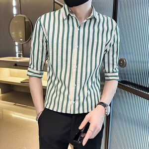 1506/QC5130/P36衬衫男条纹寸衣抗皱免烫休闲真丝衬衫2025年潮图片