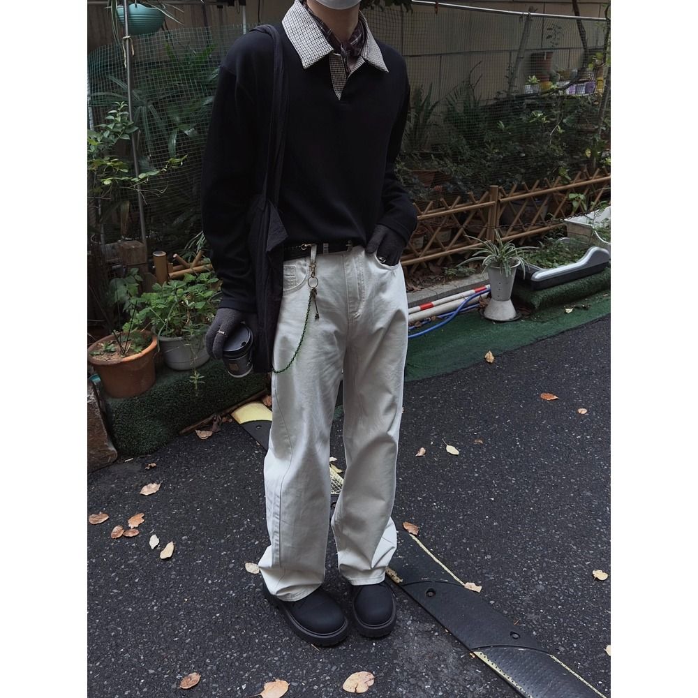 千鸟格拼接polo领长袖T恤男款老钱风cleanfit卫衣美式内搭打底衫,男装Polo衫,星座1506