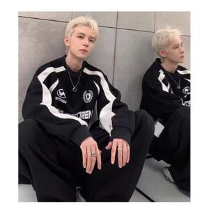 1506/QW010/P41美式复古拼色卫衣男秋圆领机车风休闲上衣服图片