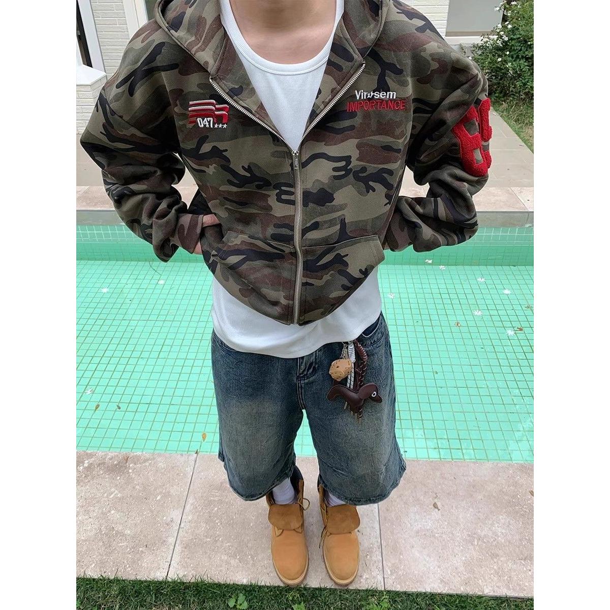 1506/Q82870/P58复古迷彩刺绣连帽卫衣外套男秋冬宽松帽衫夹克,男装夹克,星座1506