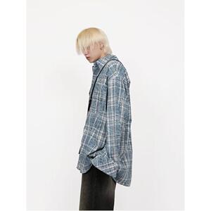 1506/QC6910/P42美式复古晕染格子衬衫男长袖高级感外套1图片