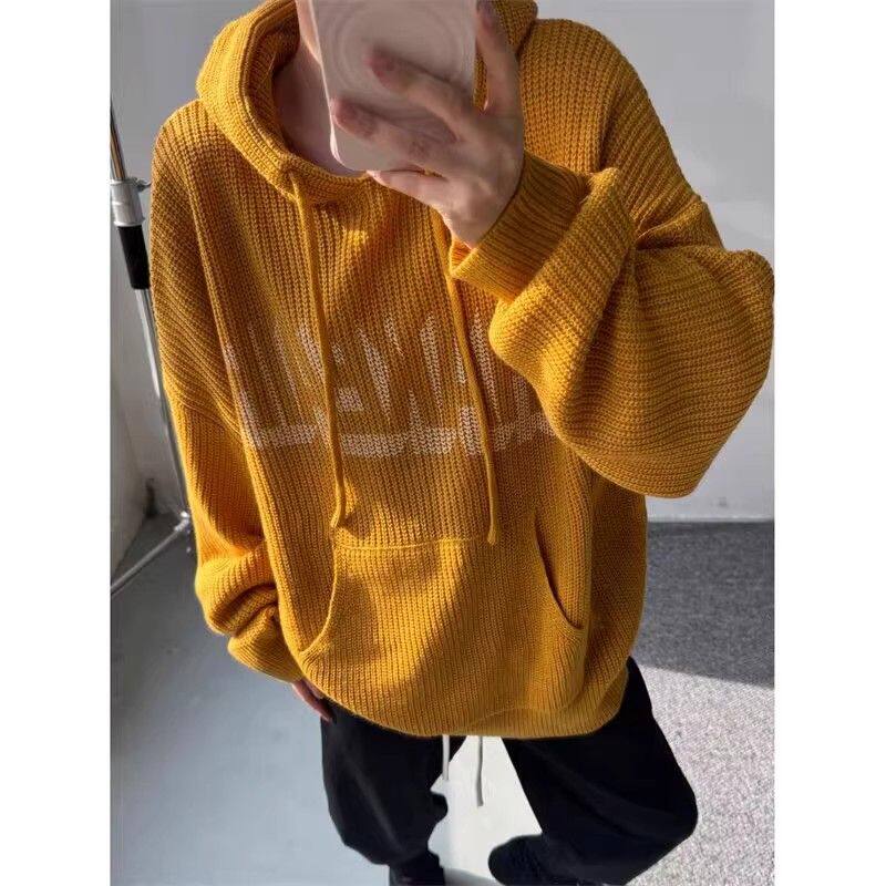 1506/QY080/P62美式复古字母印花咸蛋黄色连帽针织毛衣女男外套1，男装针织衫/毛衣，星座1506