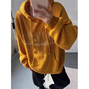 1506/QY080/P62美式复古字母印花咸蛋黄色连帽针织毛衣女男外套1,男装针织衫/毛衣,星座1506