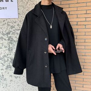 1506/Q5010/P69韩系赫本风黑色毛呢大衣男中长款情侣装外套1图片