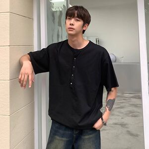 1506/Q8440/P47老钱风排扣亨利领冰丝凉感针织T恤潮男百搭短T图片