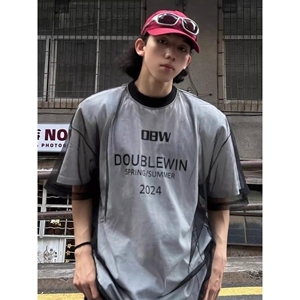 1506/QA2160/P36美式假两件网纱短袖男夏季t恤半袖图片