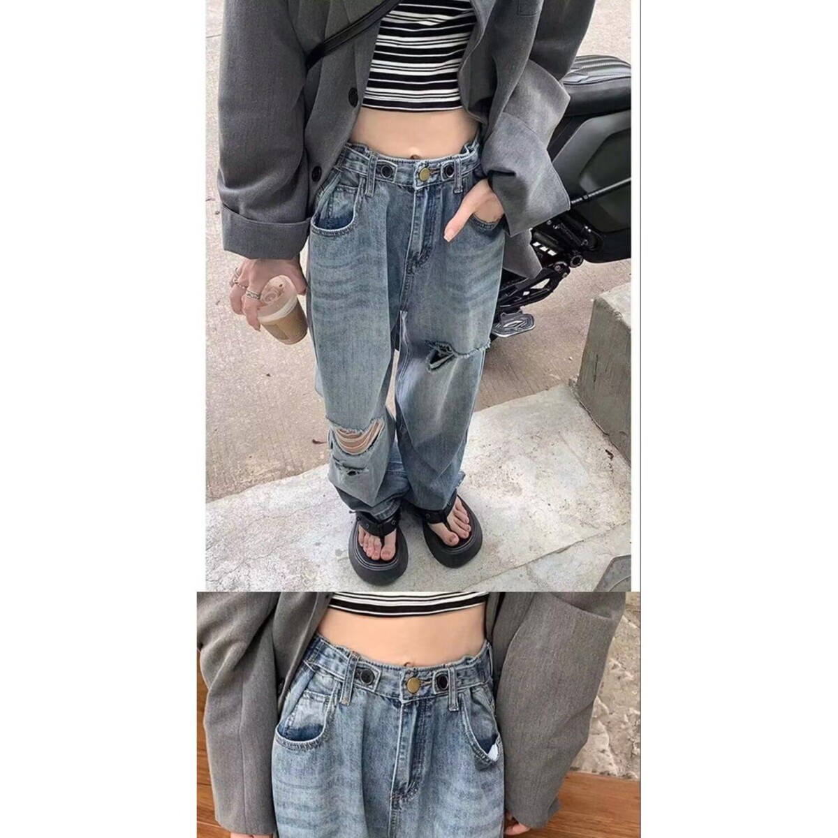 1506/Q302/P45复古破洞牛仔裤女夏高腰大码胖MM宽松拖地长裤子,男装牛仔裤,星座1506