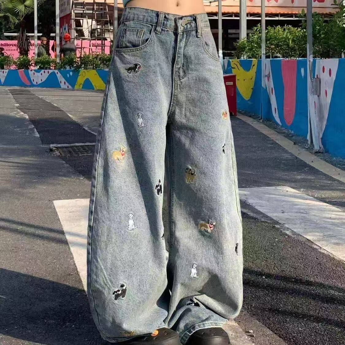 1506/Q80520/P46童趣刺绣男女牛仔裤夏街头时尚直筒裤宽松休闲裤,男装牛仔裤,星座1506