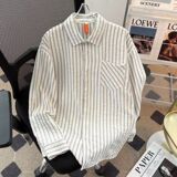 1506/Q5910/P42日系拼接条纹长袖衬衫男女简约翻领衬衣1，男装衬衫，星座1506