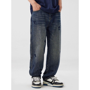 1506/QT12180/P50复古蓝色牛仔裤男水洗磨烂宽松直筒休闲长裤子潮,男装牛仔裤,星座1506