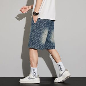 1506/Q308/P43夏季薄款提花纹牛仔短裤男士潮牌休闲五分中裤子图片