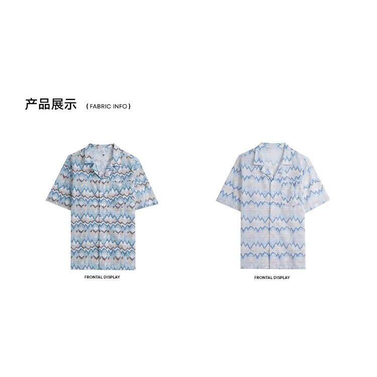 1506/QJ520/P39夏季撞色镂空波浪纹短袖衬衫男2025度假风花衬衣,男装T恤,星座1506
