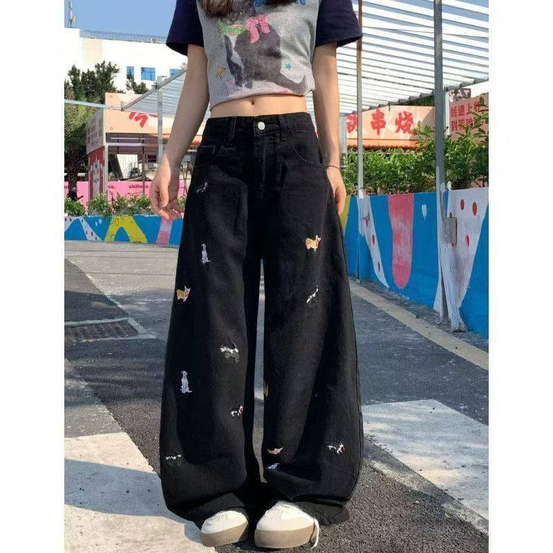 1506/Q80520/P46夏季怀旧刺绣牛仔裤女宽松拖地裤高腰直筒裤子1,男装牛仔裤,星座1506
