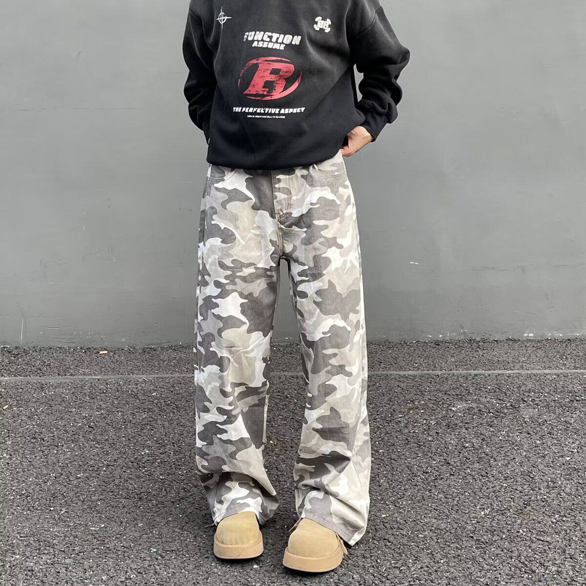 1506/QK11550/P43街头风灰白迷彩工装牛仔裤男直筒拖地裤2025年,男装牛仔裤,星座1506