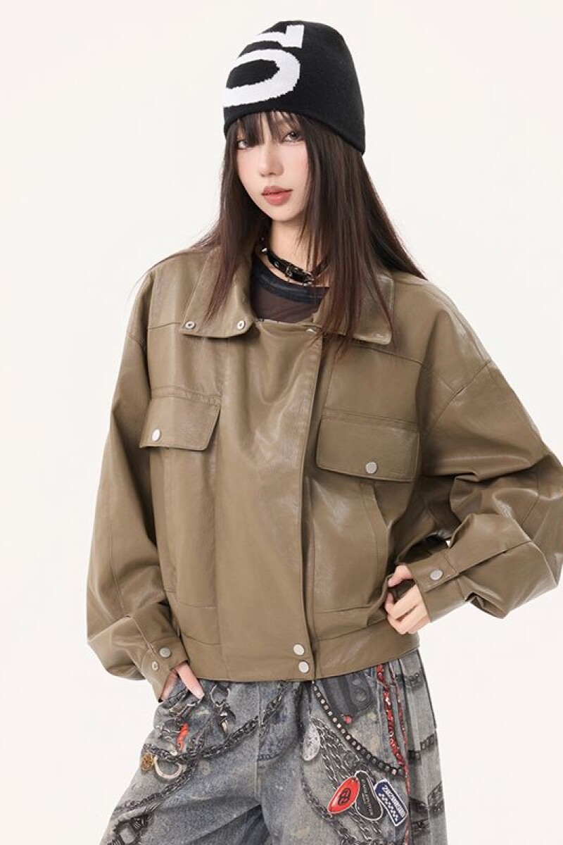 1506/QZSD060/P122复古飞行员皮衣夹克女2025秋美拉德棕色pu外套,女装皮衣,星座1506