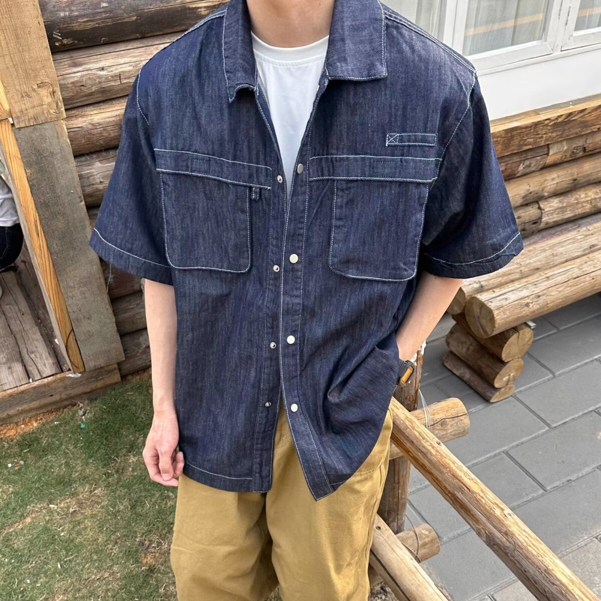 1506/QC1510/P54夏季男士工装牛仔短袖日系百搭衬衣宽松复古衬衫,男装T恤,星座1506